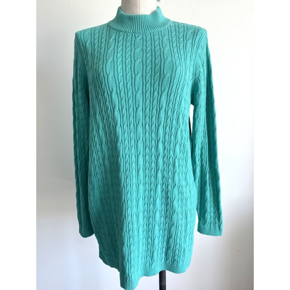 Lands End Women’s Green Mock Neck Fisherman Sweater Size Medium